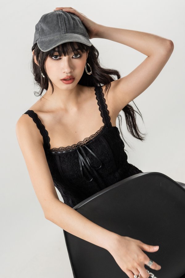 Again Lace Trim Ribbon Top in Black