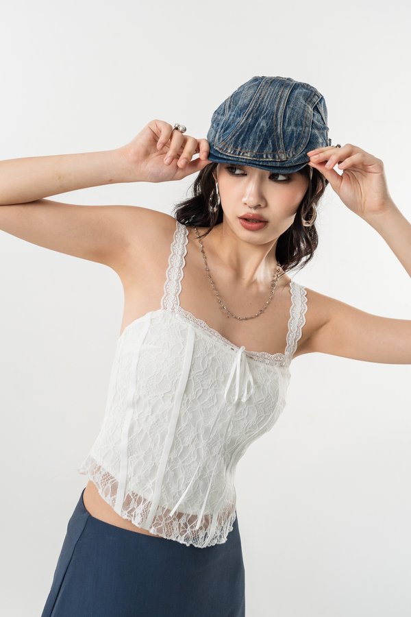 Again Lace Trim Ribbon Top in White