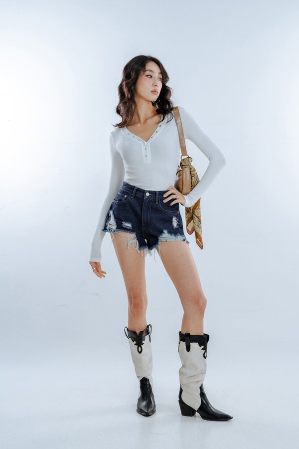 Mile High Shredded Denim Shorts in Medium Wash