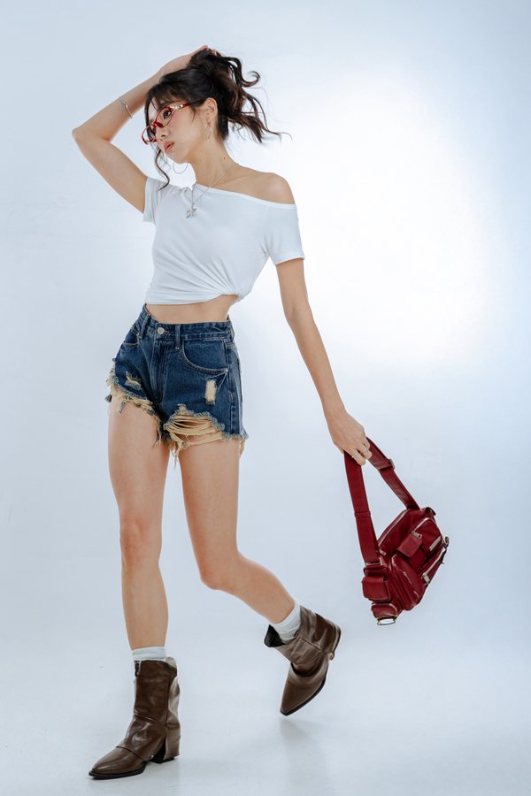 Mile High Shredded Denim Shorts in Vintage Wash