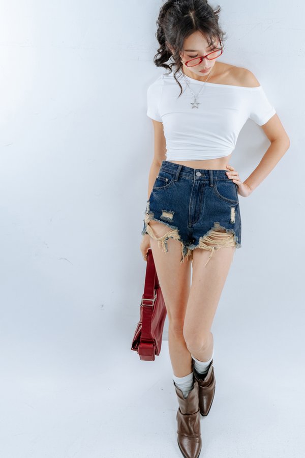 Mile High Shredded Denim Shorts in Vintage Wash
