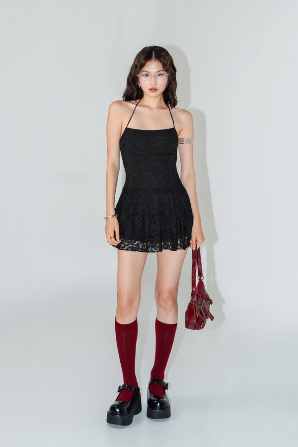 Flutter Lace Tiered Mini Dress in Black