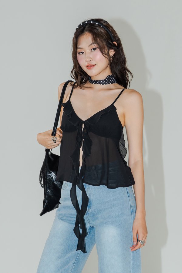 Casa Ruffle Trim Padded Top in Black