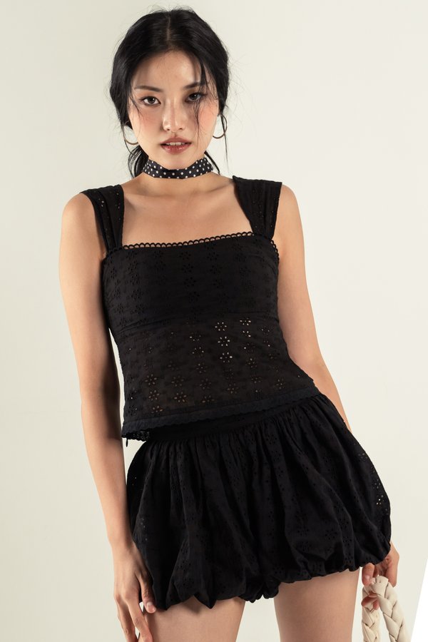 Frisk Trim Eyelet Top in Black