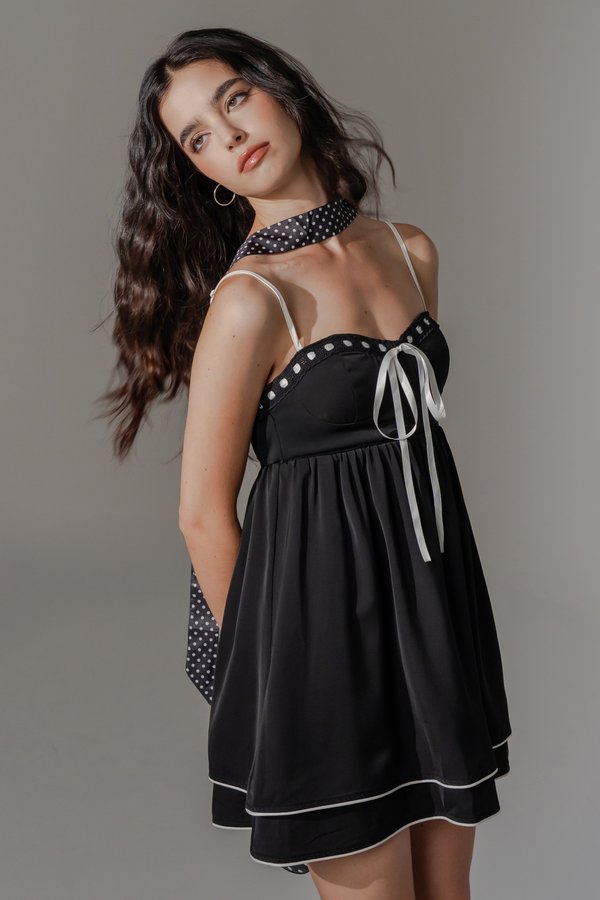 Fiction Contrast Lace Ribbon Dress in Black