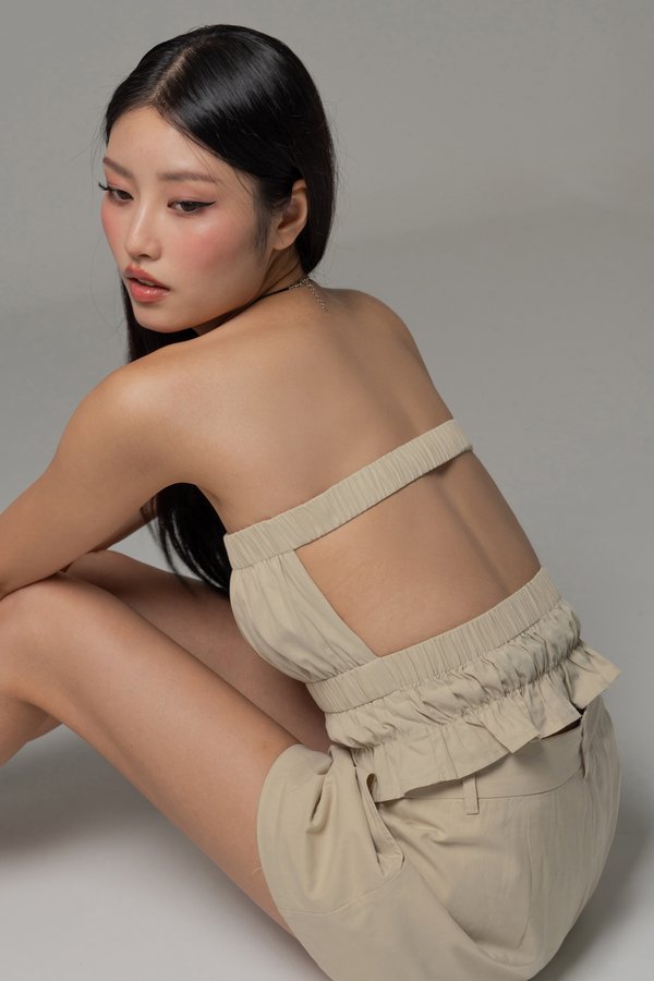 Charged Up Smocked Bare Back Top in Dust Beige