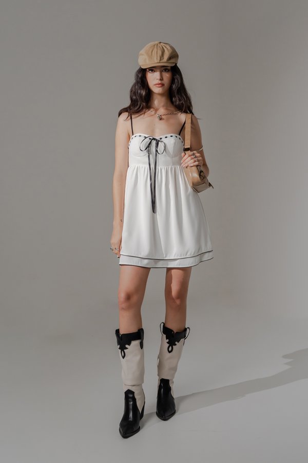 Fiction Contrast Lace Ribbon Dress in White