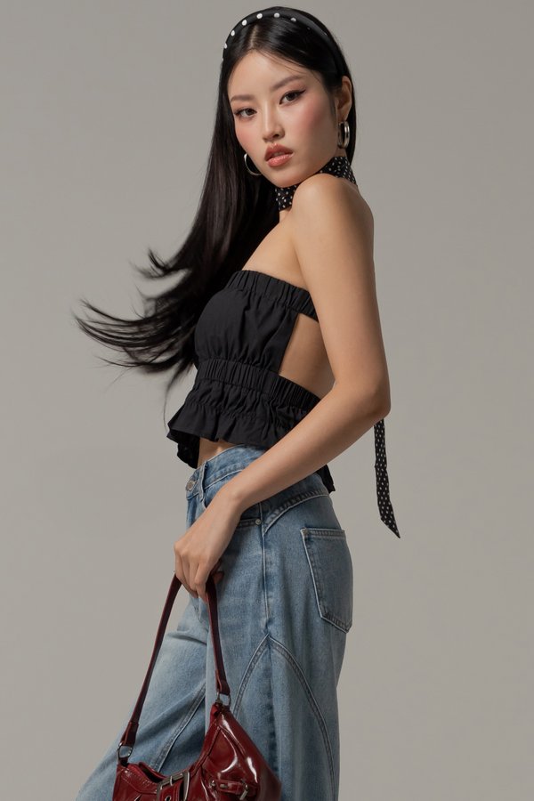 Charged Up Smocked Bare Back Top in Black