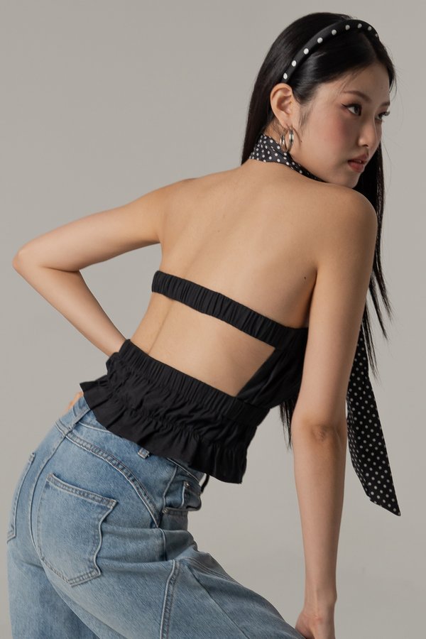 Charged Up Smocked Bare Back Top in Black