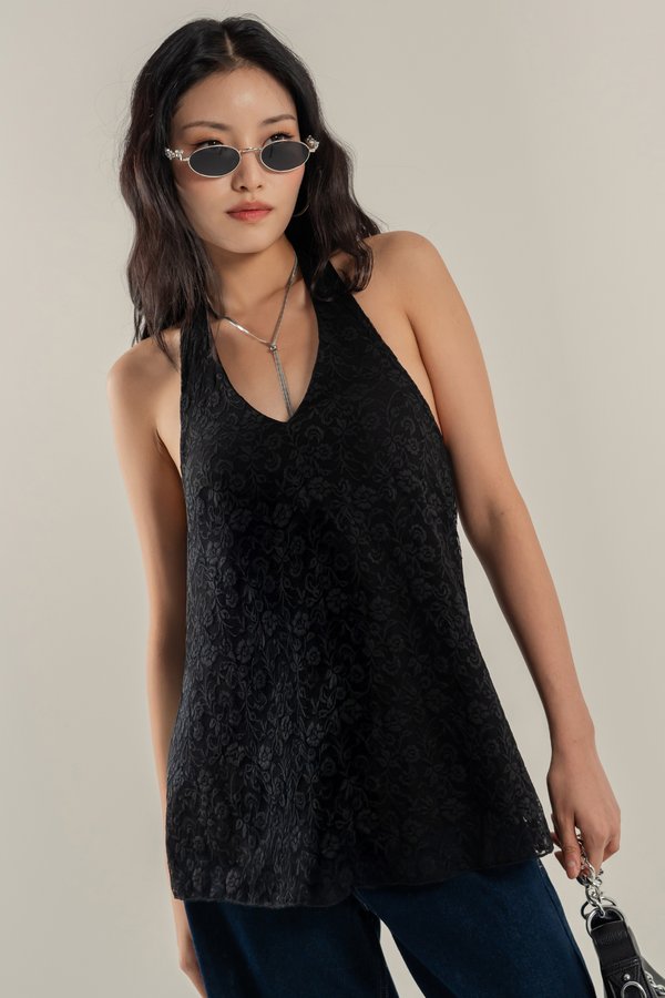 Sundays Halter Lace Low Back Top in Black