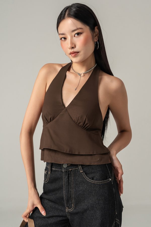 Hung Up Layered Halter Top in Cocoa Brown
