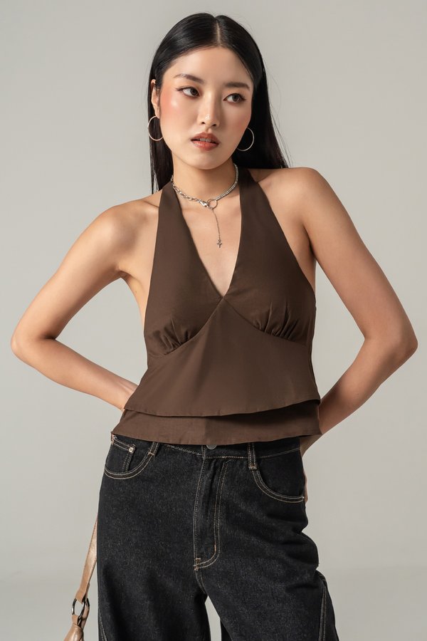Hung Up Layered Halter Top in Cocoa Brown