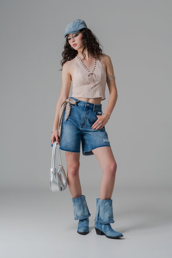 Loop Hole Eyelet Suede Halter Top in Oat Beige Loop Hole Eyelet Suede Halter Top in Oat Beige