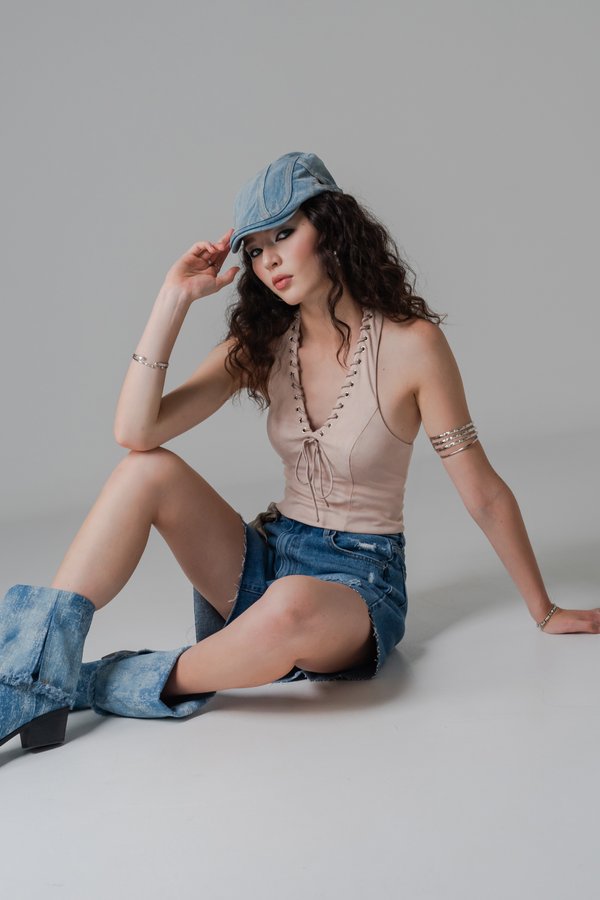 Loop Hole Eyelet Suede Halter Top in Oat Beige