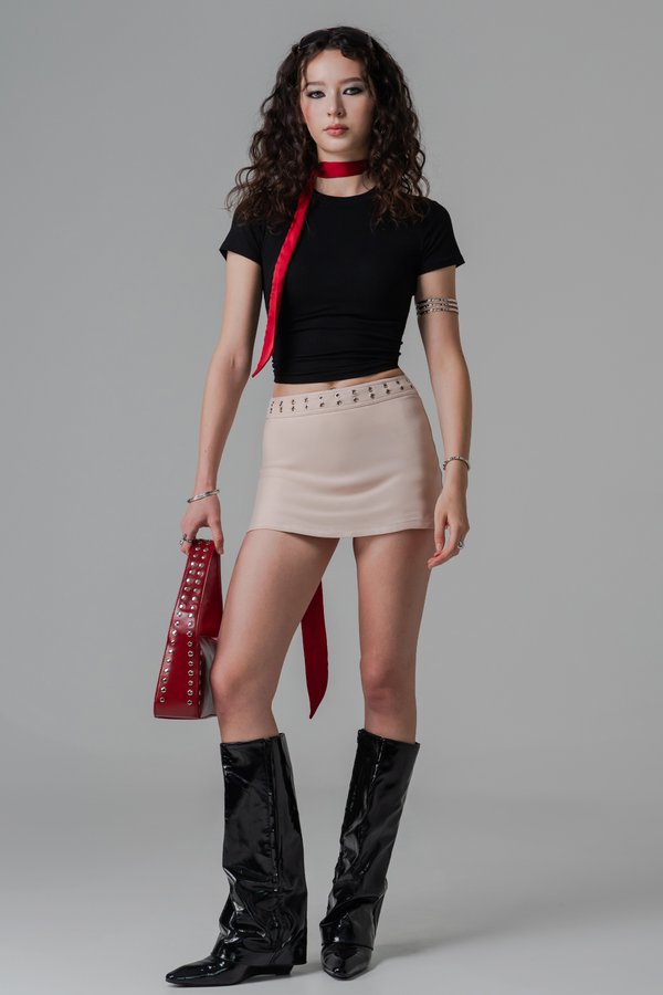 Key Hold Eyelet Suede Skirt in Oat Beige
