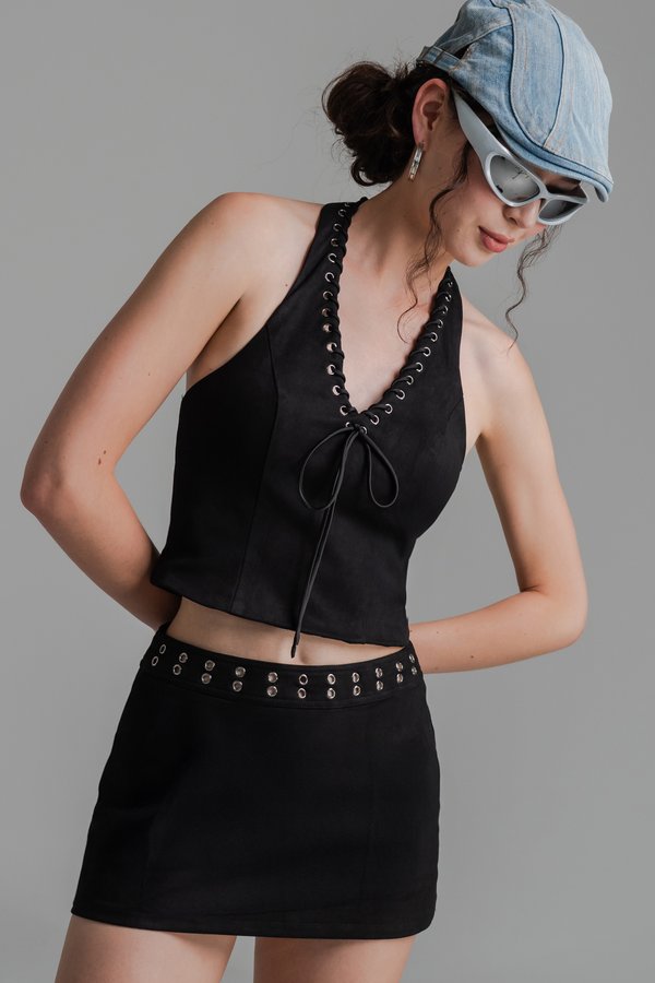 SET: Loop Hole Eyelet Suede Halter Top + Key Hold Eyelet Suede Skirt SET: Loop Hole Eyelet Suede Halter Top + Key Hold Eyelet Suede Skirt