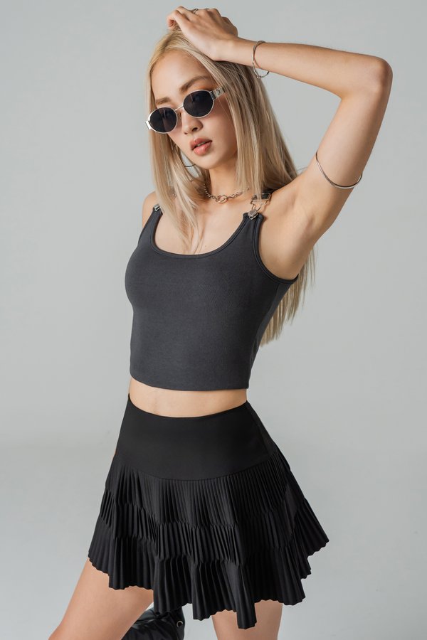 Wake Up Pleated Tiered Skirt in Black
