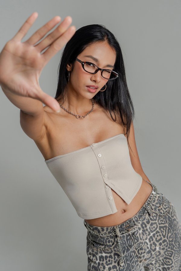 End Button Up Tube Top in Sand Beige
