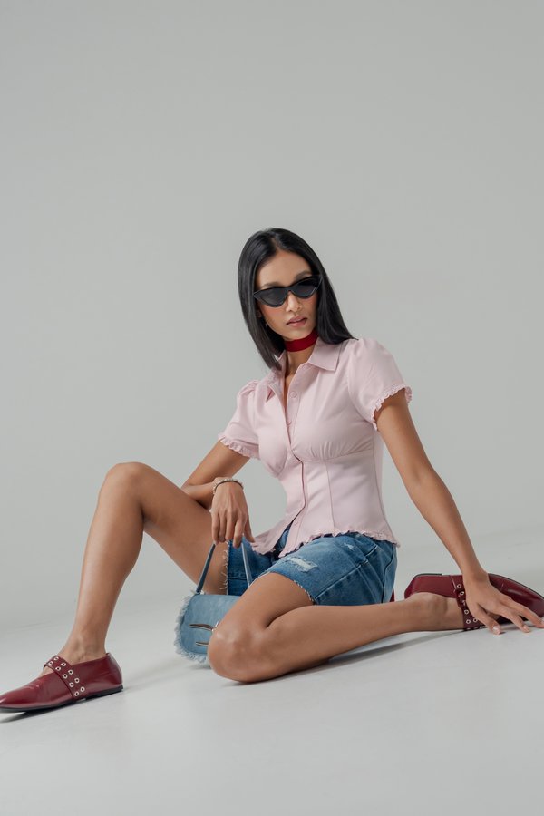 Errands Fitted Button Shirt Top in Milkshake Pink