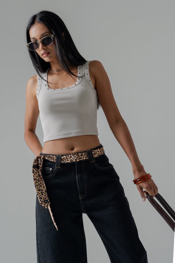 Pitted Eyelet Scoop Neck Top in Greige