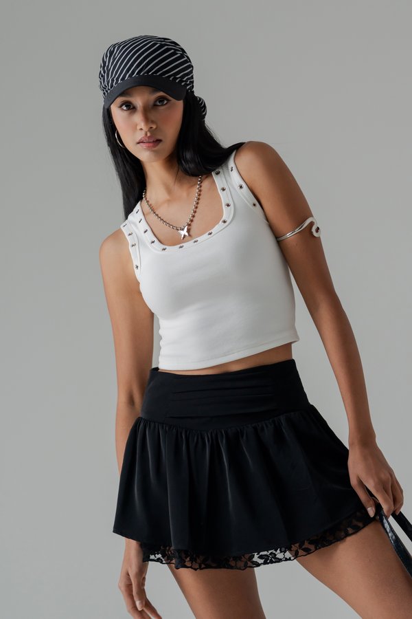 Pitted Eyelet Scoop Neck Top in White