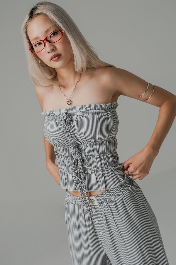 Braid Self Tie Padded Top in Black Stripes