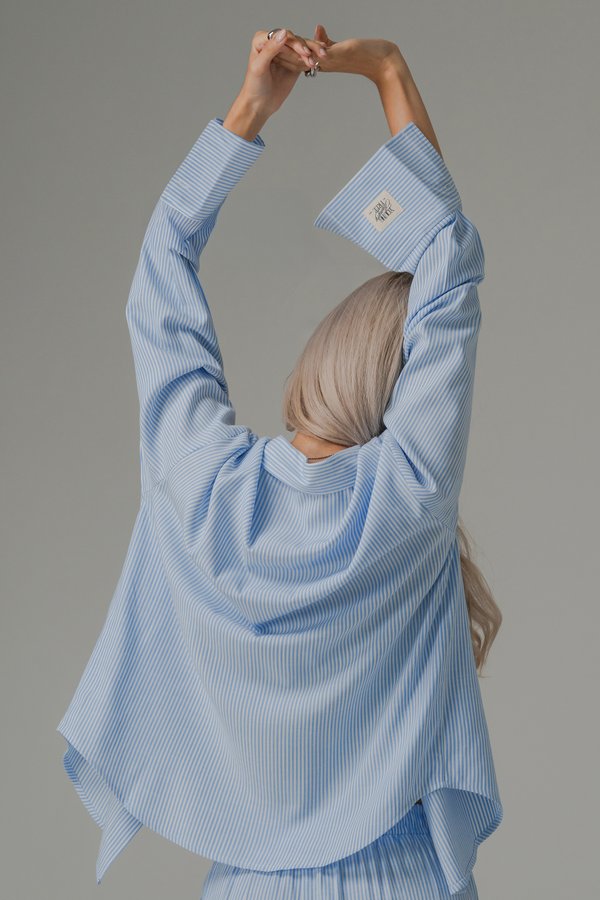Sedate Lazy Oversized Shirt Button Top in Baby Blue Stripes