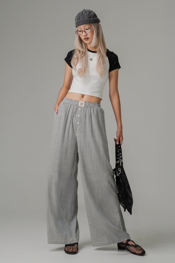 R&amp;R Relaxed Lounge Button Pants in Black Stripes