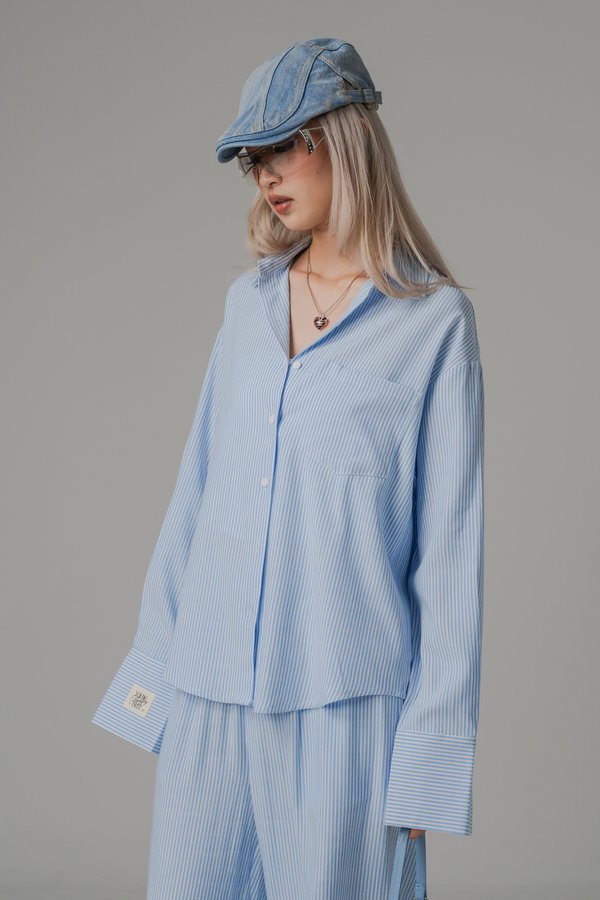 Sedate Lazy Oversized Shirt Button Top in Baby Blue Stripes