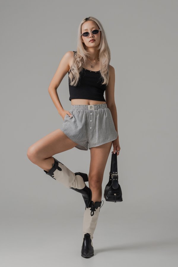 Boxer Relax Lounge Button Shorts in Black Stripes