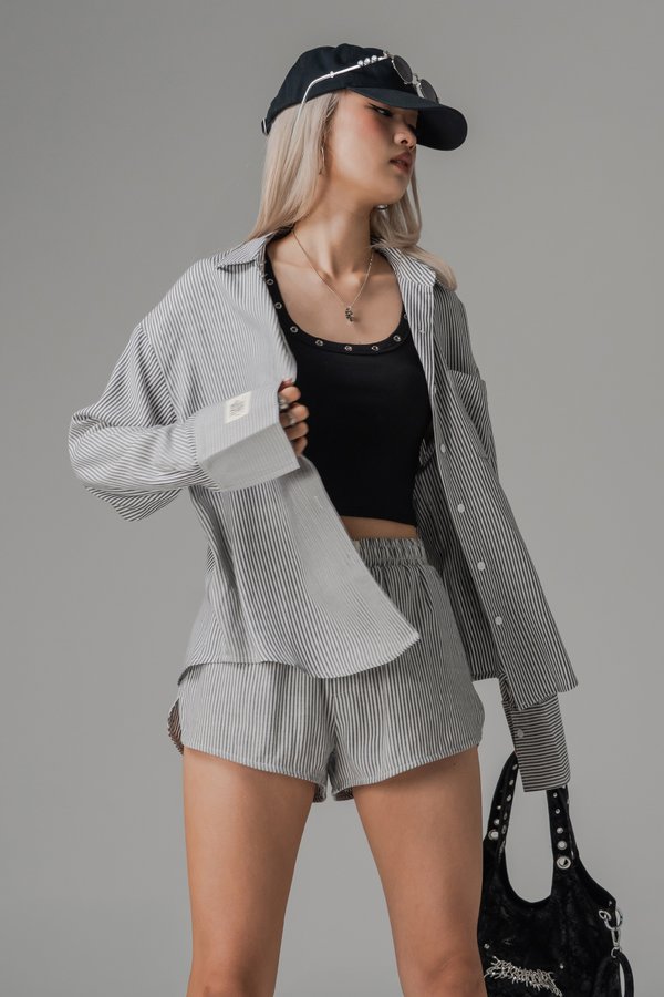 Sedate Lazy Oversized Shirt Button Top in Black Stripes
