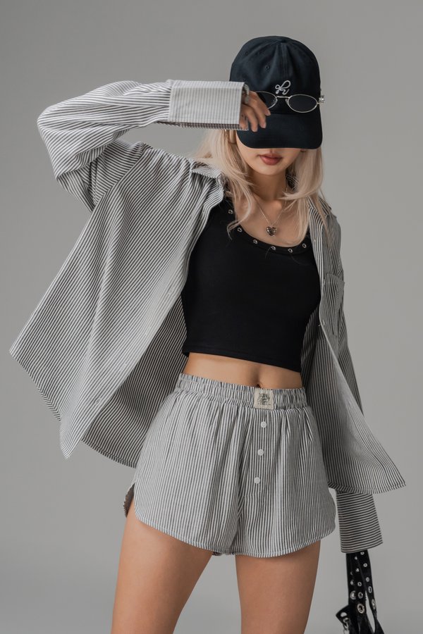 Sedate Lazy Oversized Shirt Button Top in Black Stripes