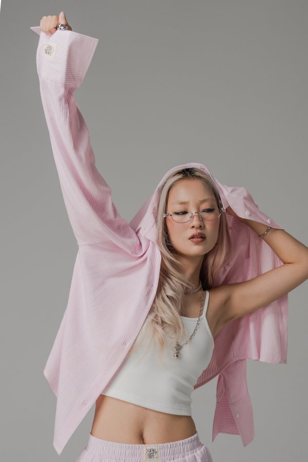 Sedate Lazy Oversized Shirt Button Top in Baby Pink Stripes