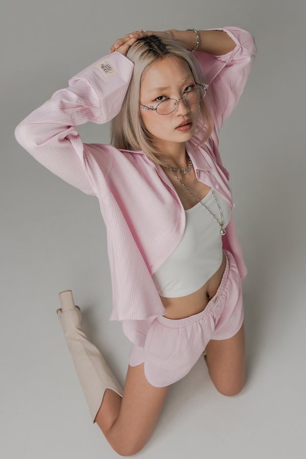 Sedate Lazy Oversized Shirt Button Top in Baby Pink Stripes