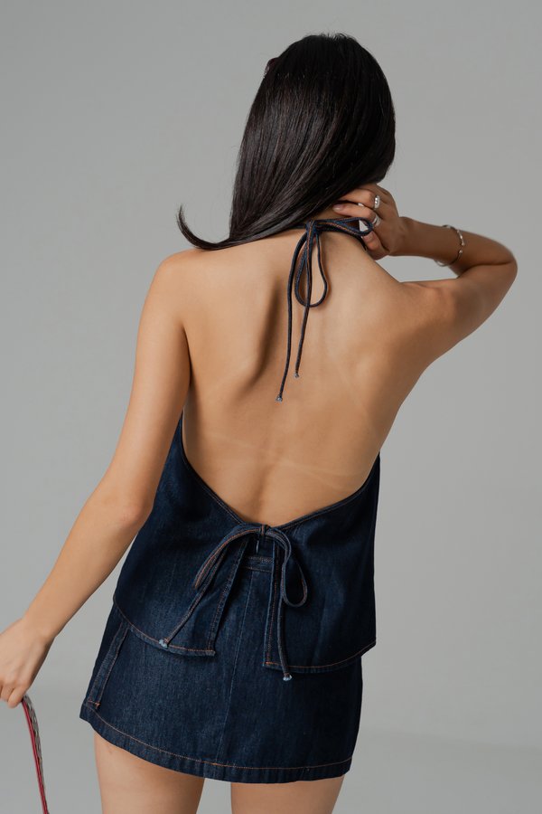 Charge Denim Halter Top in Indigo Blue