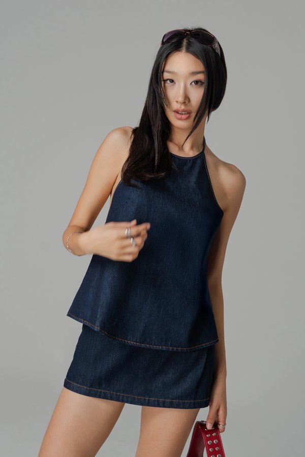 Charge Denim Halter Top in Indigo Blue