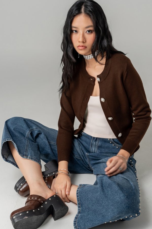 Bejeweled Knitted Cardigan in Dark Choco