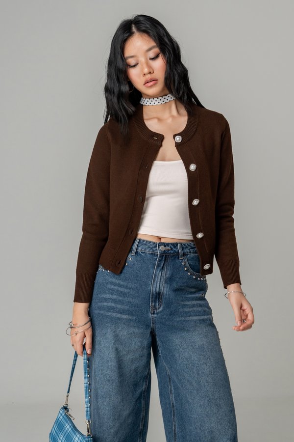 Bejeweled Knitted Cardigan in Dark Choco
