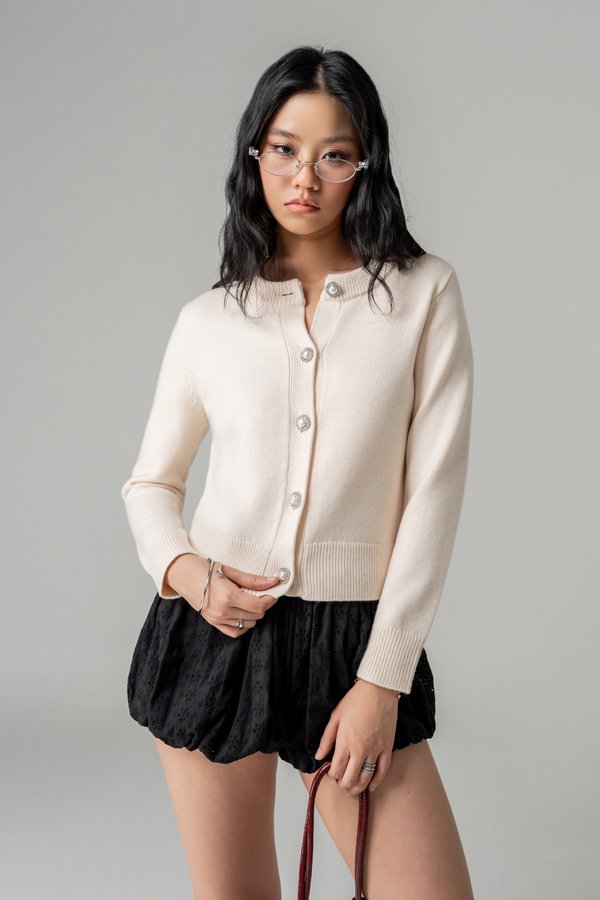 Bejeweled Knitted Cardigan in Milk Beige