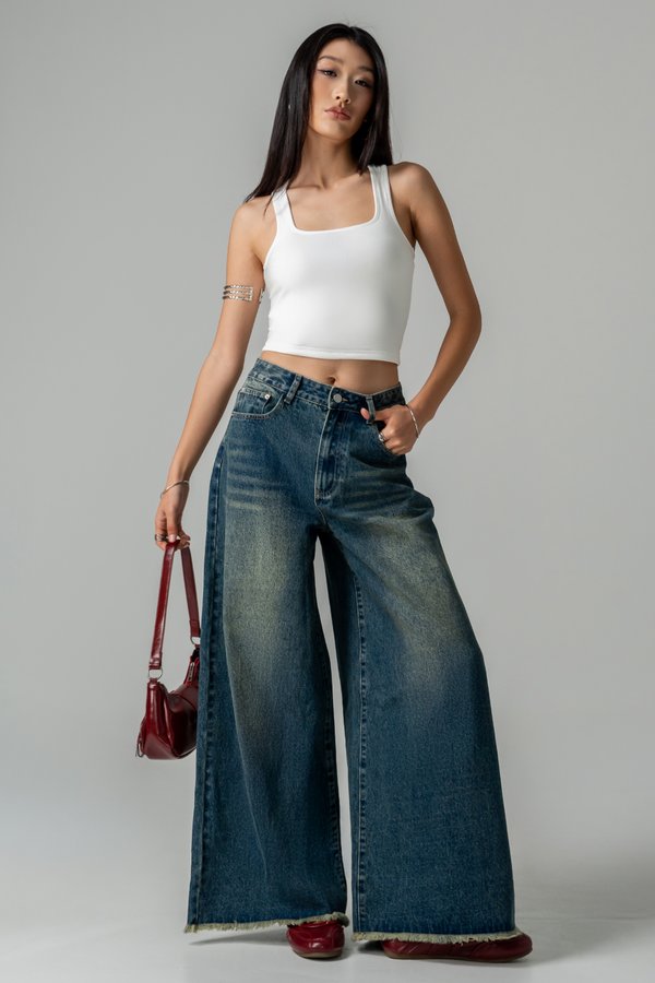 Flare Raw Hem Jeans in Vintage Blue