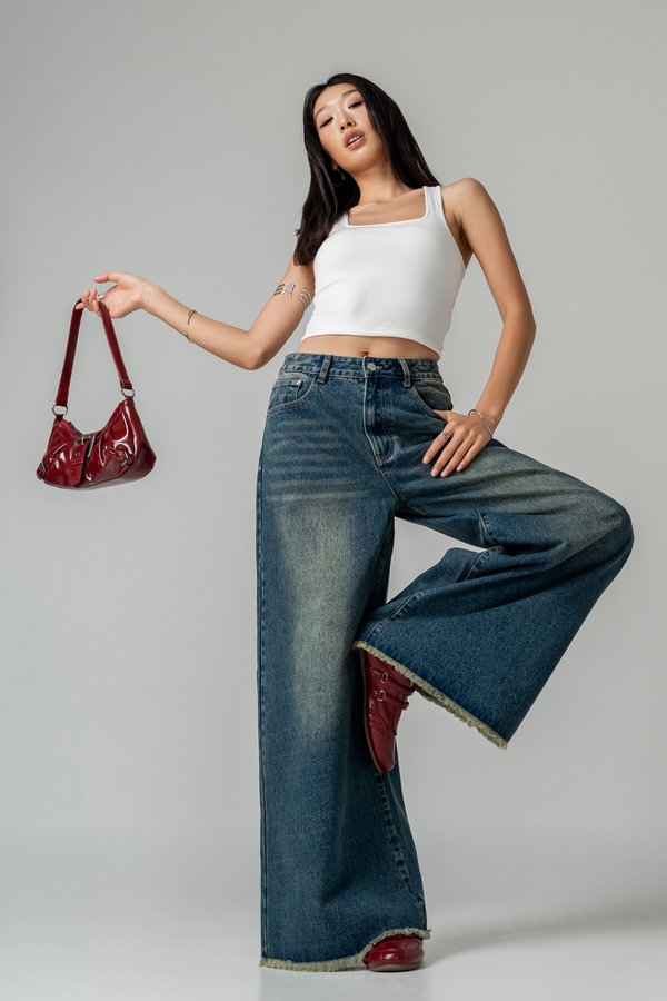 Flare Raw Hem Jeans in Vintage Blue