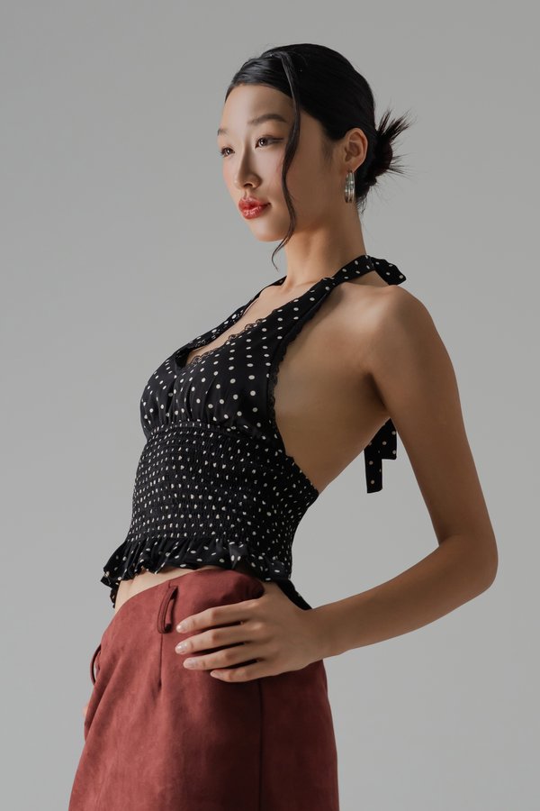 Spot Halter Smocked Top in Black
