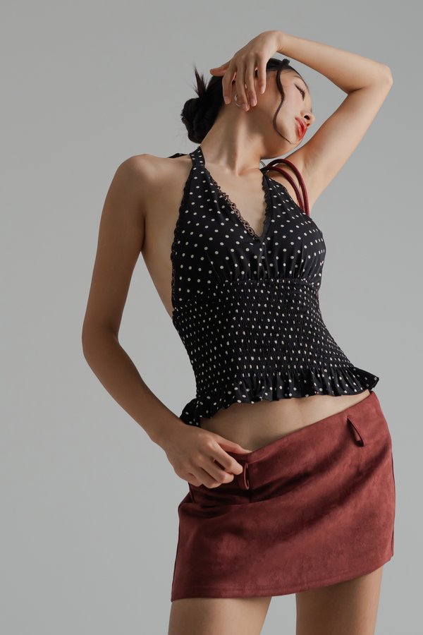 Spot Halter Smocked Top in Black