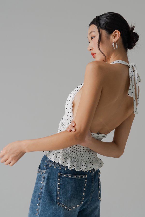 Spot Halter Smocked Top in White