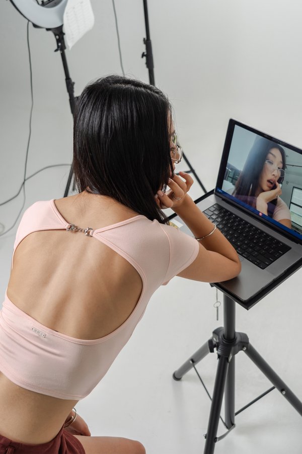 Deadline Buckle Scoop Back Top in Baby Pink