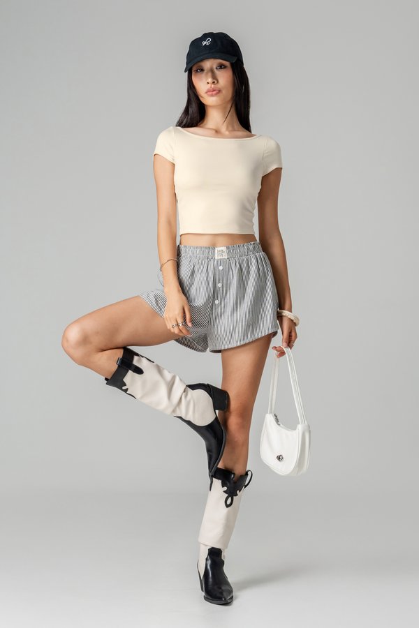 Deadline Buckle Scoop Back Top in Beige