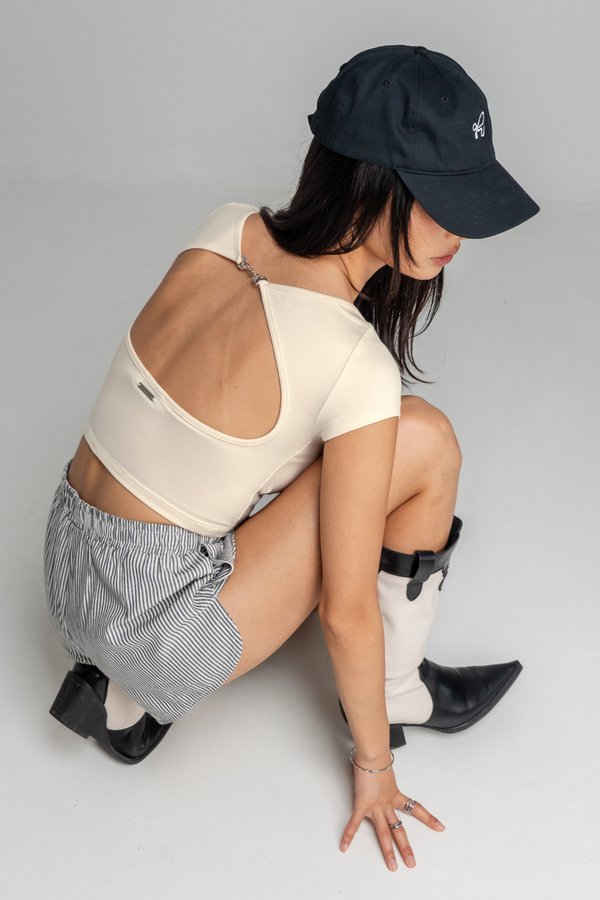 Deadline Buckle Scoop Back Top in Beige