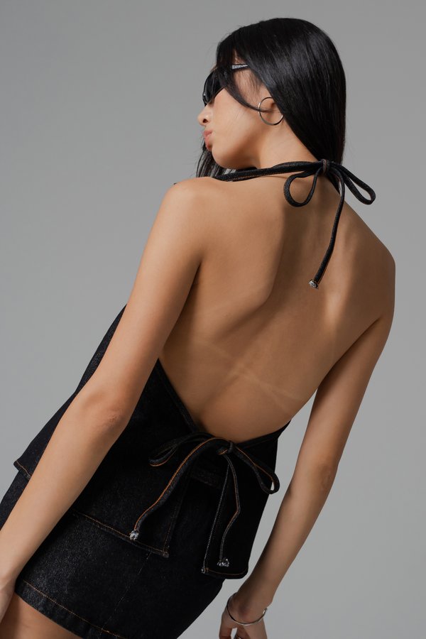 SET: Charge Denim Halter Top + Dart Denim Belted Skirt