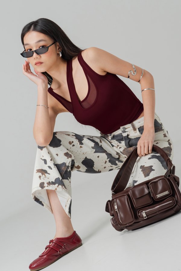 Twice Mesh Layered Padded Top in Wine Red