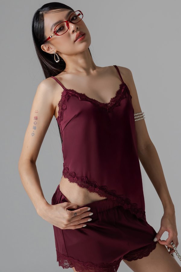 Gentle Asymmetrical Lace Top in Sangria Red